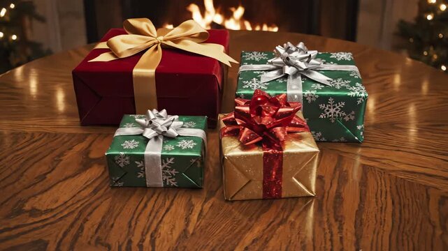 High angle cinematic overhead dolly shot circling symmetrically around three festively wrapped boxes centered on a smoothly polished dark oak table christmas, three festively wrapped boxes