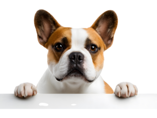 Curious bulldog peeking forward with paws visible, isolated on transparent background. Friendly dog character for branding, ads, or pet-related designs.