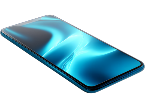 Sleek modern smartphone with glowing abstract screen, isolated on transparent background. Futuristic mobile technology concept for apps, UI, or digital innovation visuals. - Powered by Adobe