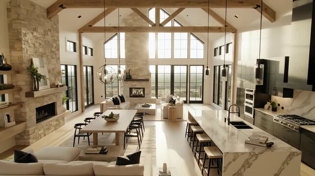High angle descending smooth jib shot revealing the minimalist floor plan and aesthetic cohesion of a large modern farmhouse interior space aesthetic cohesion, layout, real estate