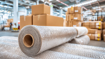 Large roll of bubble wrap in a warehouse with cardboard boxes, illustrating packaging materials, shipping logistics and industrial storage environment.