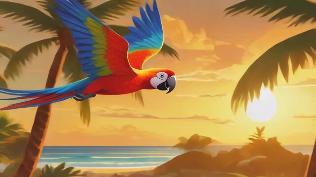 Vibrant Cartoon Macaw Parrot Flying Over Tropical Beach Sunset.