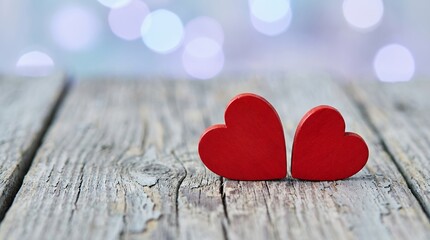 Two small vibrant red wooden hearts rest side by side on weathered gray textured wooden planks with soft diffused white and light blue bokeh lights in the background Love