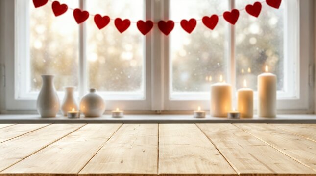 Wooden tabletop surface foreground with soft light background featuring lit white candles white vases and red felt hearts hanging across a white window frame festive decoration