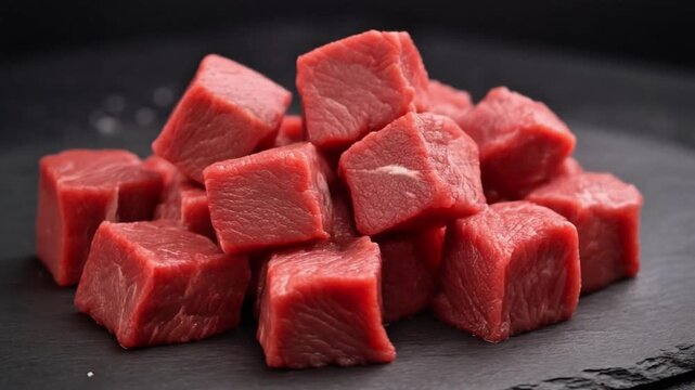 raw beef cubes turning in slow rotation, showcasing rich red color and natural texture
