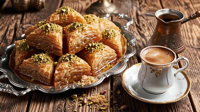 High angle flat lay perspective capturing a meticulously arranged platter of layered baklava and steaming Turkish coffee on a rough textured wooden tabletop hot beverage, warm tones, culinary shot