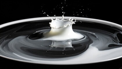 High-Speed Photography of a White Milk Crown Splash in Deep Black Ink