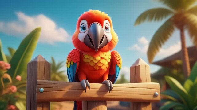 Cartoon Macaw Parrot Perched on Wooden Fence in Sunny Tropical Landscape