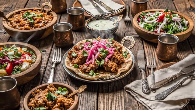 High angle overhead dolly shot pulling back slowly from a rustic wooden table featuring a perfect serving of fried meat on flatbread garnished generously with pickled red onions and green herbs pickle