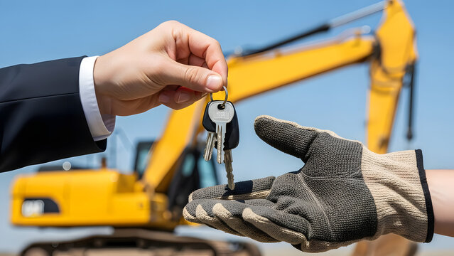Mano entregando llaves con maquinaria de construcci&oacute;n al fondo, concepto de alquiler, entrega, compra y gesti&oacute;n de activos industriales
