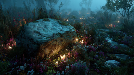 Mysterious Slavic pagan ritual site illuminated by candles among vibrant flowers in a foggy forest