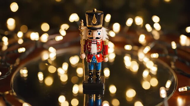 High angle overhead shot capturing a miniature decorative nutcracker soldier standing on a highly reflective surface surrounded by out of focus twinkling warm holiday lights holiday, surface, overhead