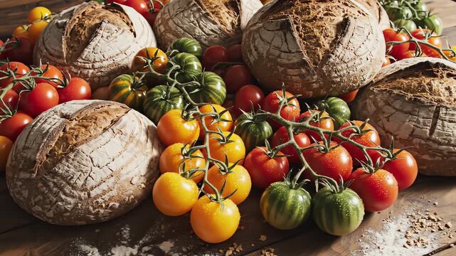 High angle overhead perspective aerial shot slowly panning over an elaborate geometric composition of whole grain bread loaves and colorful heirloom vine tomatoes abstract, rustic, food