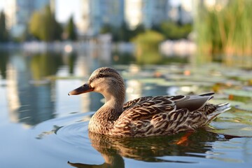 Obraz premium Duck swimming in a serene lake