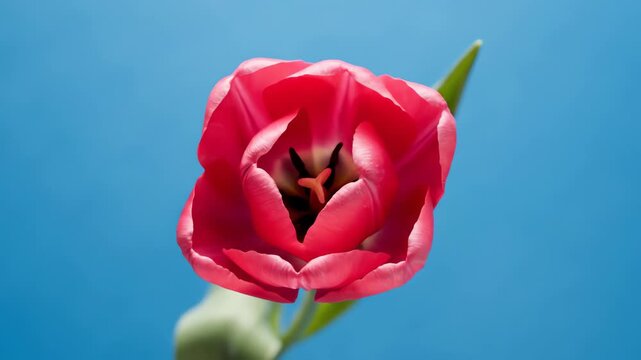 High angle overhead shot capturing the perfect geometry of a single bright pink tulip bloom with the camera rotating slowly on a smooth robin's egg blue surface pastel blue, aerial perspective