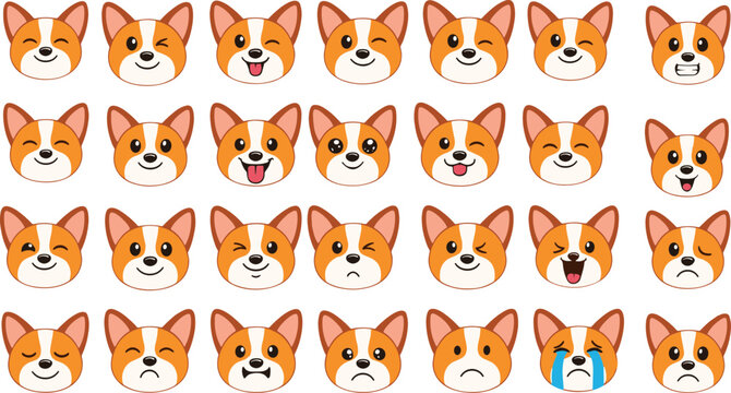 Cute corgi dog face expressions vector set with different emotions cartoon pet character illustrations