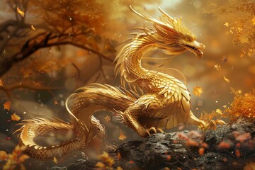 Obraz premium Majestic golden dragon resting on a rock in a colorful autumn forest, with falling leaves