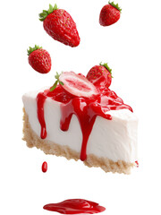 Creamy cheesecake slice topped with strawberries and flowing sauce, isolated on transparent background. Ideal for food branding, dessert menus, advertising, and culinary designs.