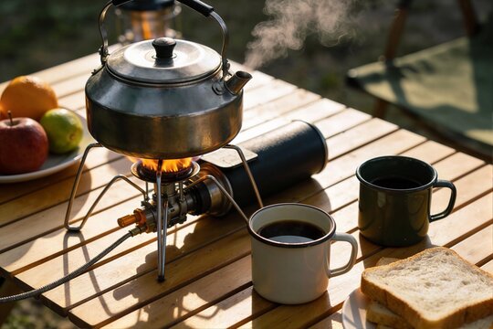 A steaming metal kettle boils on a portable gas stove set on a wooden camping table with coffee mugs and breakfast food. - Powered by Adobe
