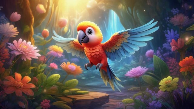 Cute Cartoon Baby Macaw Parrot Flying in a Magical Flower Garden with Waterfall