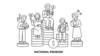 Fototapeta premium People are shown on stacks of coins representing national pension savings.