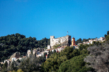 Obraz premium View of the medieval Grimaldi Castle and the historic hilltop village of Roquebrune, surrounded by pine trees under a clear blue sky on the French Riviera