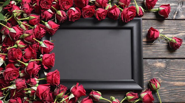 High angle overhead shot of a single empty black photo frame positioned on a dark wooden table as saturated crimson rosebuds gently drop around the borders creating organic negative space space, dark