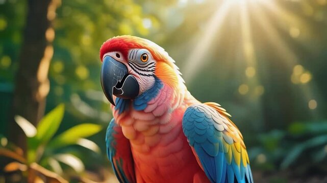 Expressive Cartoon Macaw Parrot Close-up in a Sunlit Tropical Jungle