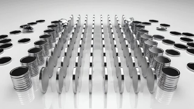 High angle overhead shot of multiple shiny silver tokens being systematically sorted and organized into precise vertical lines on a bright white surface financial planning, pattern, conceptual