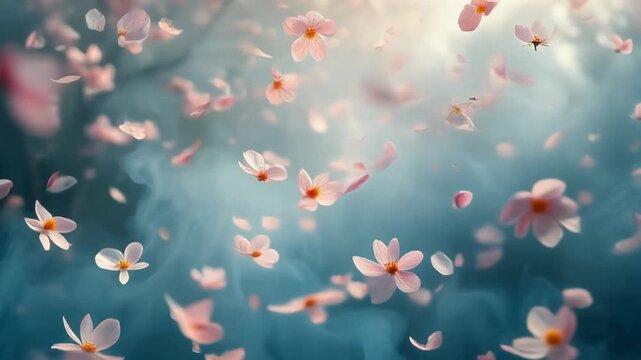 Delicate pink flower petals gracefully falling through a serene, hazy blue atmosphere, creating a peaceful and beautiful natural scene with soft, glowing light