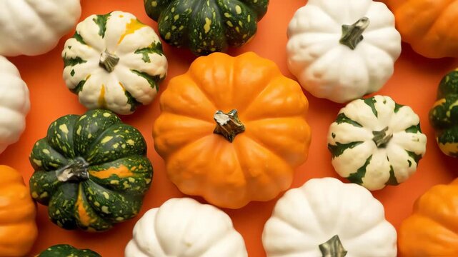 High angle overhead shot of several miniature decorative pumpkins arranged geometrically in a tightening spiral pattern on a flat bright orange surface simple, holiday, composition