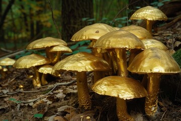 Obraz premium Golden mushrooms thrive in a lush forest, creating a magical and captivating scene