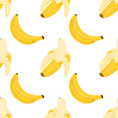 Seamless banana pattern with whole and peeled ripe bananas. Pattern with yellow tropical fruit. Flat vector design for food themes, packaging and healthy lifestyle.