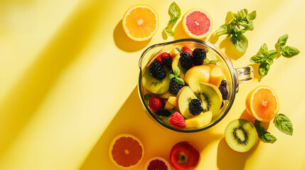 Colorful fruit salad in a glass bowl on a vibrant yellow background.