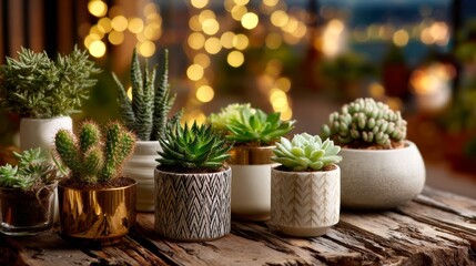 Small green succulents and cacti in patterned pots sit on a wooden surface by warm lights