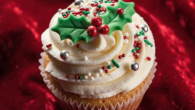 High angle overhead view of a rich holiday cupcake decorated with sprinkles and festive ornaments placed on a luxurious red velvet surface christmas, luxurious red velvet surface, celebration