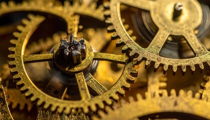 Macro Close-up Photography of Intricate Brass Gears with Dramatic Light and Shadow