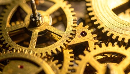 Macro Close-up Photography of Intricate Brass Gears with Dramatic Light and Shadow