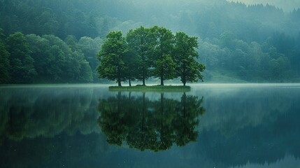 Calming Natural Scenery with Woodland Environment Reflected on Clear Water
