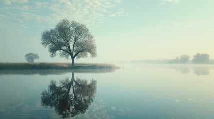 Minimalist Nature Scene with Woodland Horizon Mirrored on Smooth Water Surface