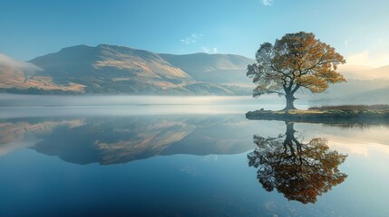 Peaceful Morning Nature View with Forest Outlines Mirrored on Still Surface