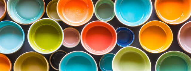 Colorful ceramic bowls arranged in a vibrant geometric pattern.