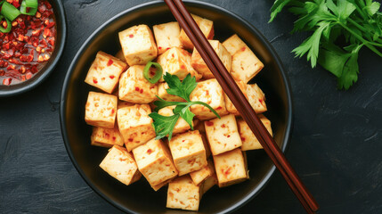 Spicy tofu cubes garnished with herbs in a black bowl with chopsticks.