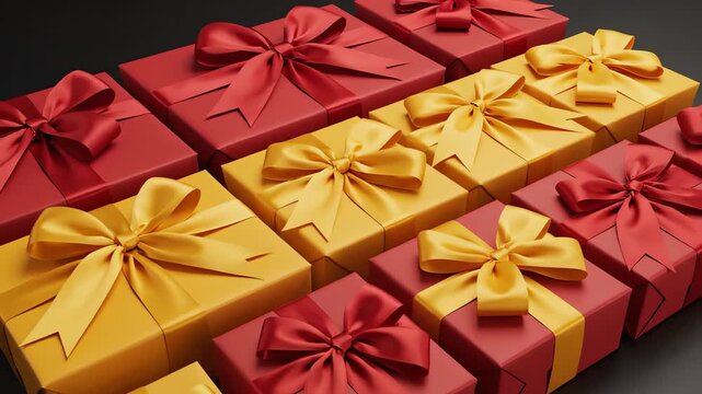 High angle rotational shot overlooking a precise diagonal layout of perfectly wrapped red and yellow presents tied with beautiful thick satin ribbon against a contrasting surface corporateevent