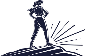 Empowered woman superhero on peak