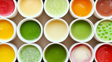 Assorted colorful sauces displayed in small white bowls on a table.
