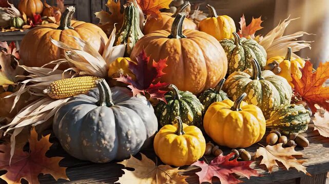 High angle rotational shot of an elaborate autumn still life arrangement featuring diverse pumpkins gourds and colorful dried leaves texture contrast, natural light, high angle rotational shot