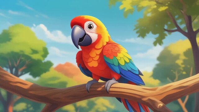 Cheerful Cartoon Macaw Parrot Perched on a Branch in a Bright Forest