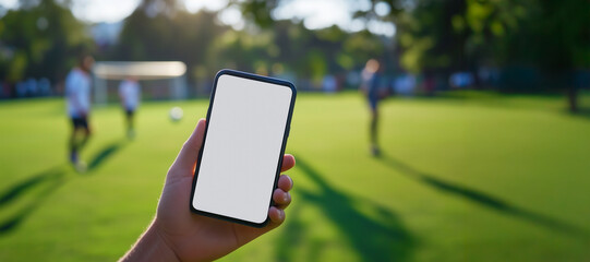 Smartphone held in hand with blurred soccer game in the background.