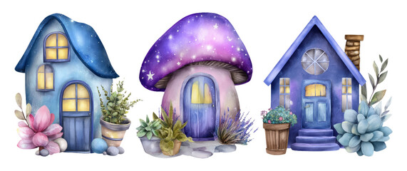 Whimsical Space Concept Illustration of Colorful Magical Houses and Nature Elements